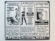 Die Reklame aus dem Trierischen Volksfreund zeigt ein Trierer Programm der drei Schieffer-Kinos aus den Sechziger Jahren, als im "Apollo-Theater" hauptsächlich Sandalen- und Actionfilme liefen, bis es 1967 geschlossen wurde. Foto: Bettina Leuchtenberg