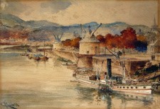 Carl Rüdell: Der Dampfer "Mosel" am Anleger in Trier mit den beiden Kranen im Hintergrund (Aquarell, undatiert). Foto: Stadtmuseum Simeonstift Trier