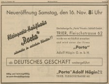 "Kleinpreis-Kaufhaus 'Porta' nunmehr in arischen Händen!!" - so warb Adolf Hägin am 15. November 1935 im "Trierer Nationalblatt" für "sein" neues Geschäft. Scan: Stadtarchiv